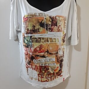 EDC Esprit Graphic Tee Small Festival Boho Vintage Print Embroidered Top S